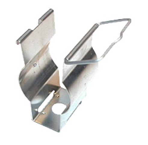 Metallclip mit biegsamen Haken und Loch zur Befestigung.