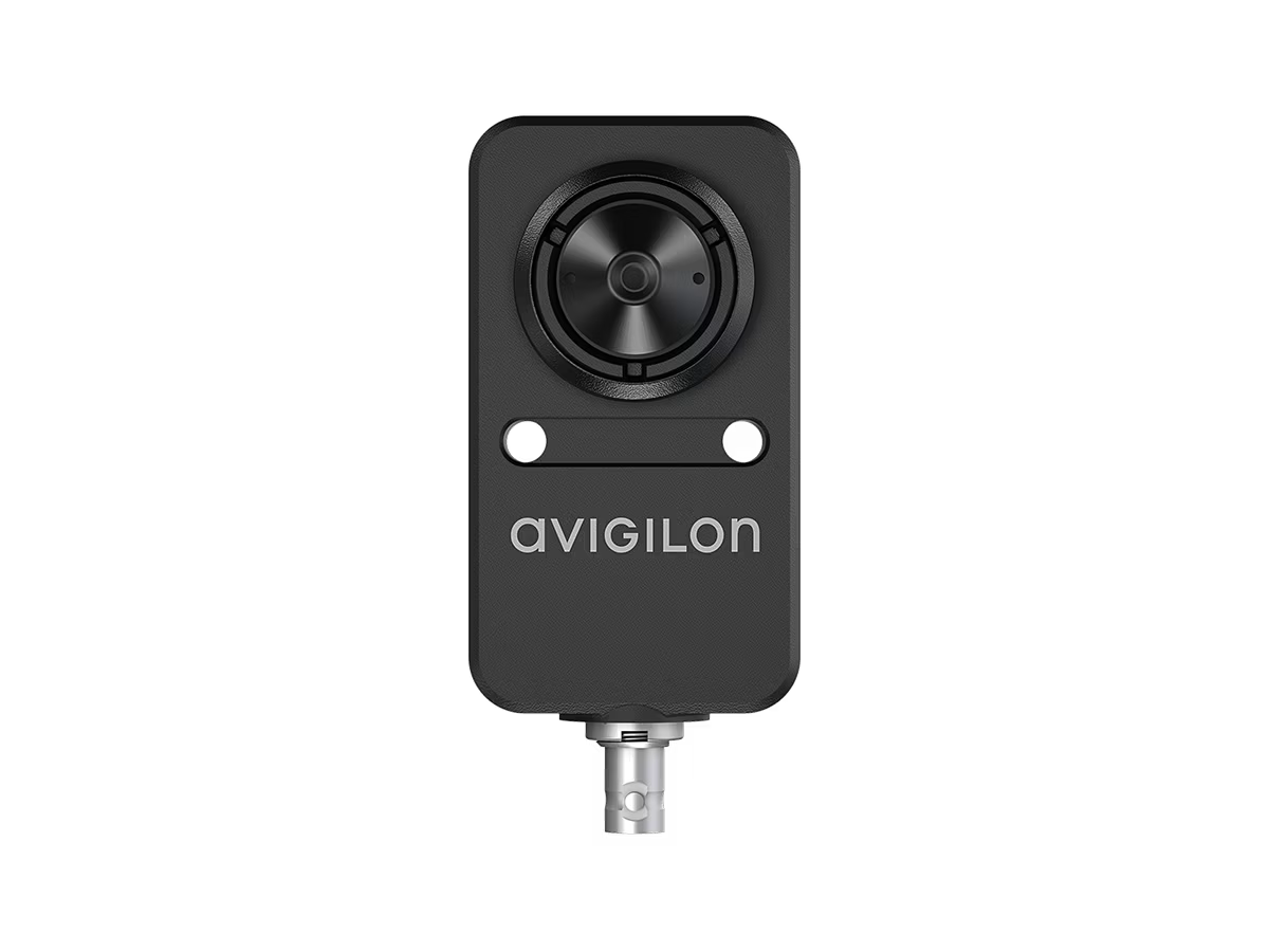 Schwarze Überwachungskamera mit Avigilon-Logo, zylindrische Linse oben.