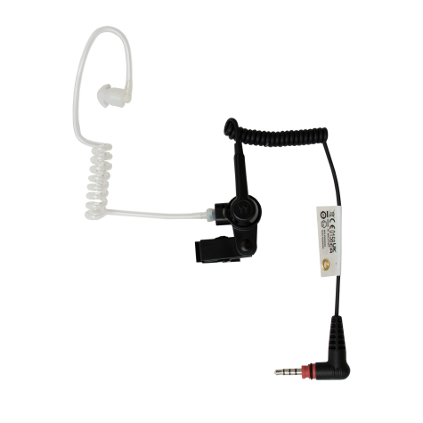 Schwarzes Akustikschlauch-Ohrhörerset mit Klinkenstecker und Kabelclip.