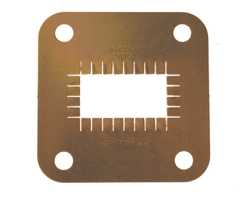 7000-00660800_rfs_01.png Quadratische Metallplatte mit rechteckiger Öffnung und vier Schraublöchern an den Ecken.