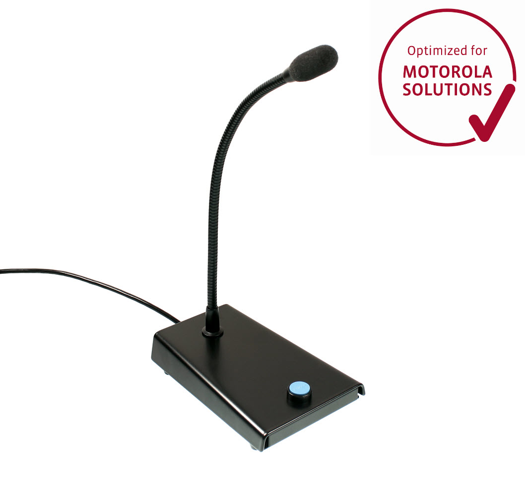 01_6401_00200141_PEI_Optimized_01.jpg Schwarzes Mikrofon mit flexiblem Hals und blauem Knopf, optimiert für Motorola Solutions.
