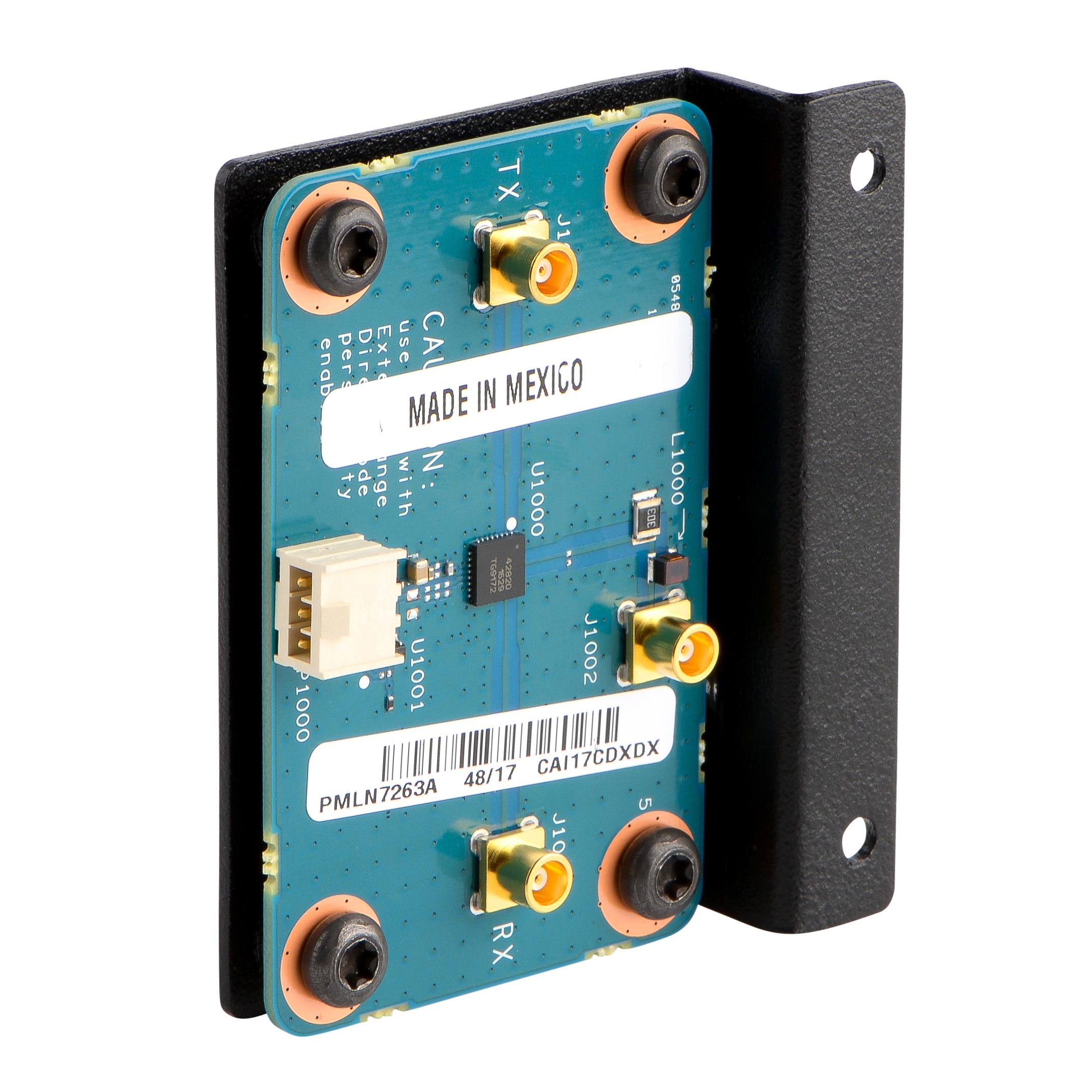 Elektronisches Bauteil, blaues PCB, Beschriftung 'Made in Mexico'.