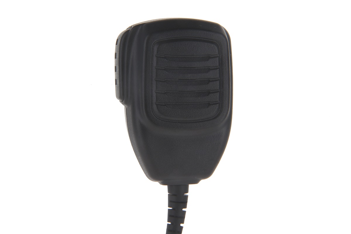 Black handheld microphone with ridged front and cable connection at the bottom.