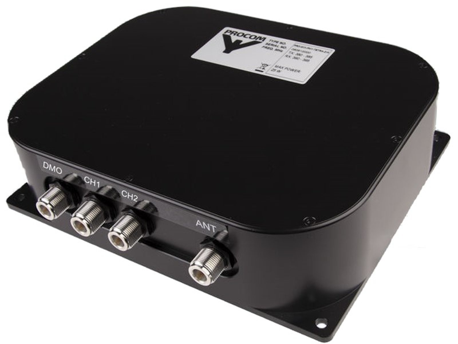 Schwarze elektronische Box mit vier Anschlüssen: DMO, CH1, CH2, ANT.