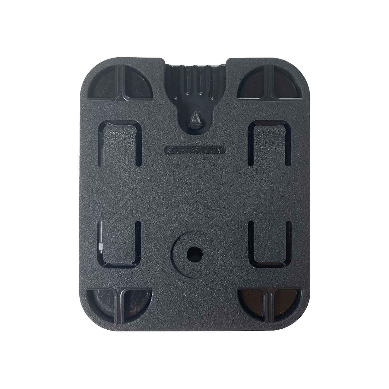 Black rectangular plastic plate with cutouts.