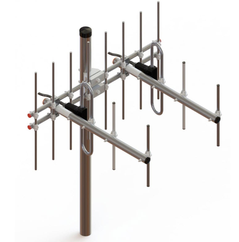 U-shaped Yagi antenna with multiple metal elements on a mast.
