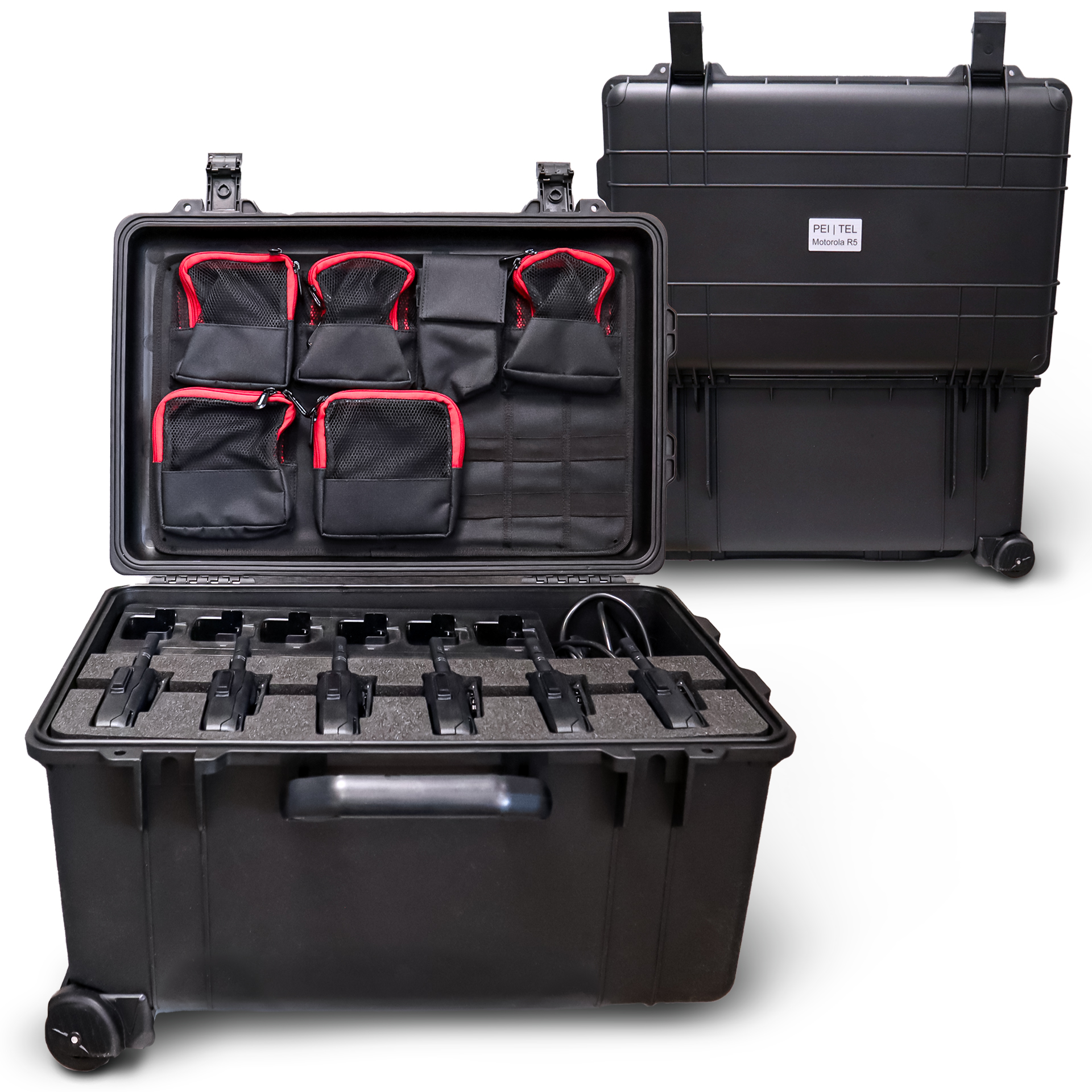 Open black transport case with multiple compartments and red pouches.