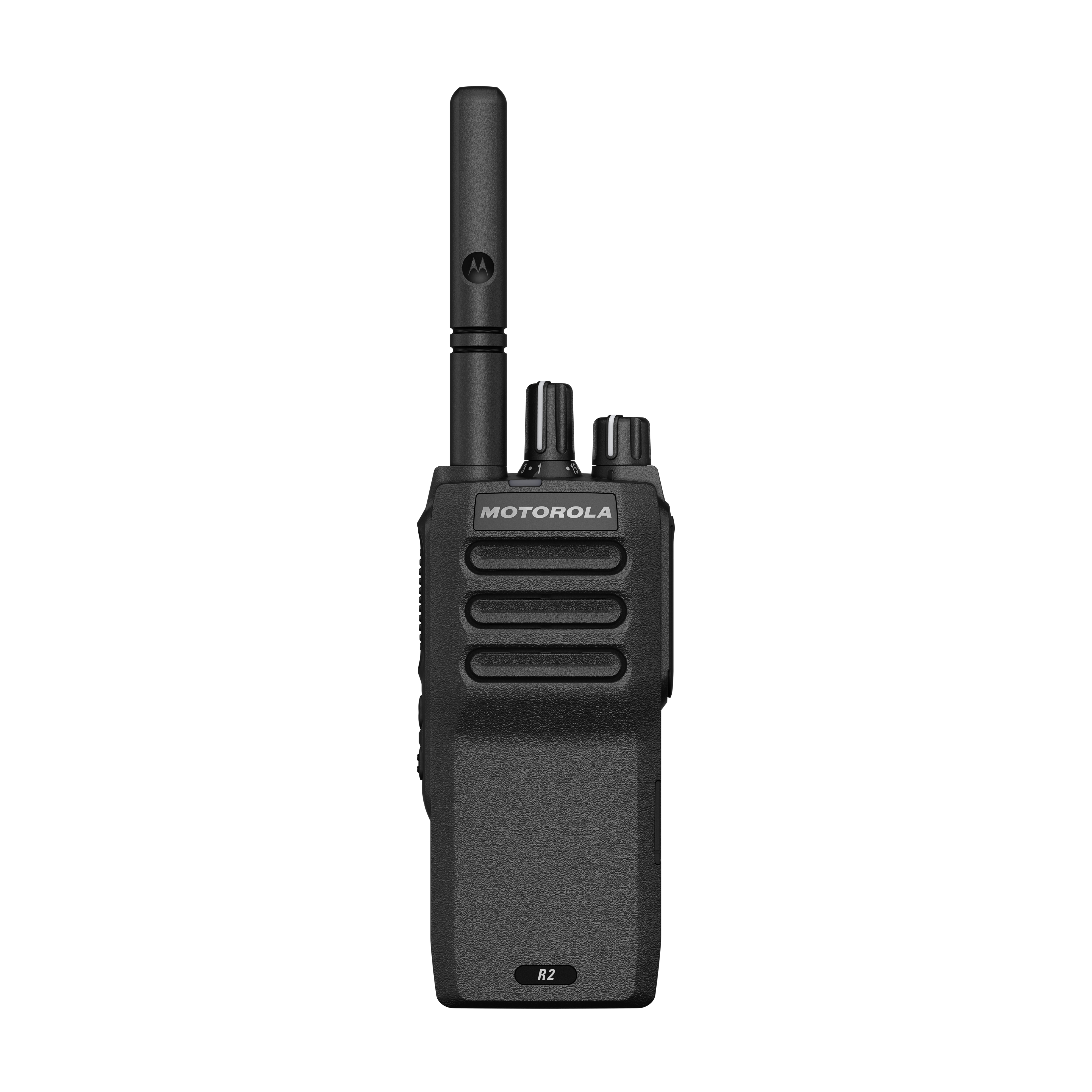 Schwarzes Funkgerät mit Antenne, zwei Drehknöpfen und Motorola-Logo.