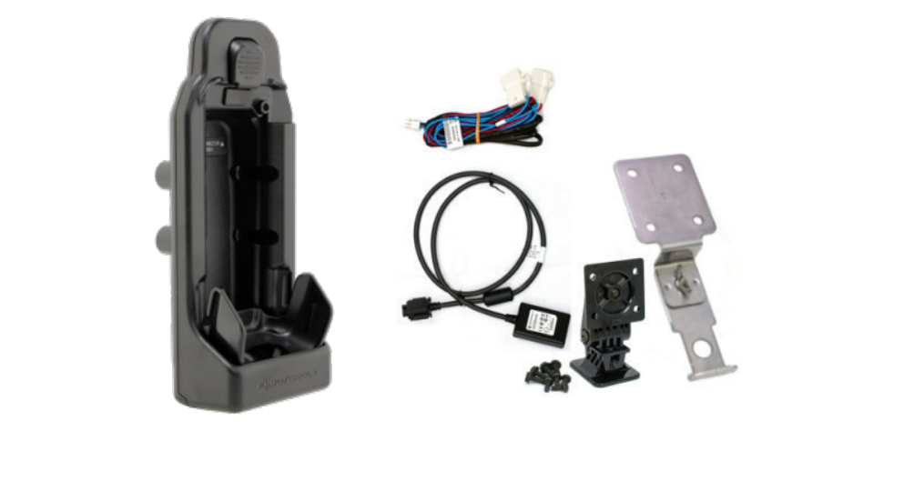 Schwarze Dockingstation und Zubehör einschließlich Kabel und Halterung.