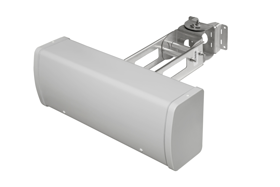 Gray, rectangular metal casing with wall bracket and joint mechanism.
