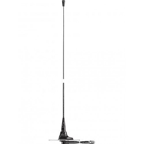 Vehicle antenna with long, slender rod and mounting base.