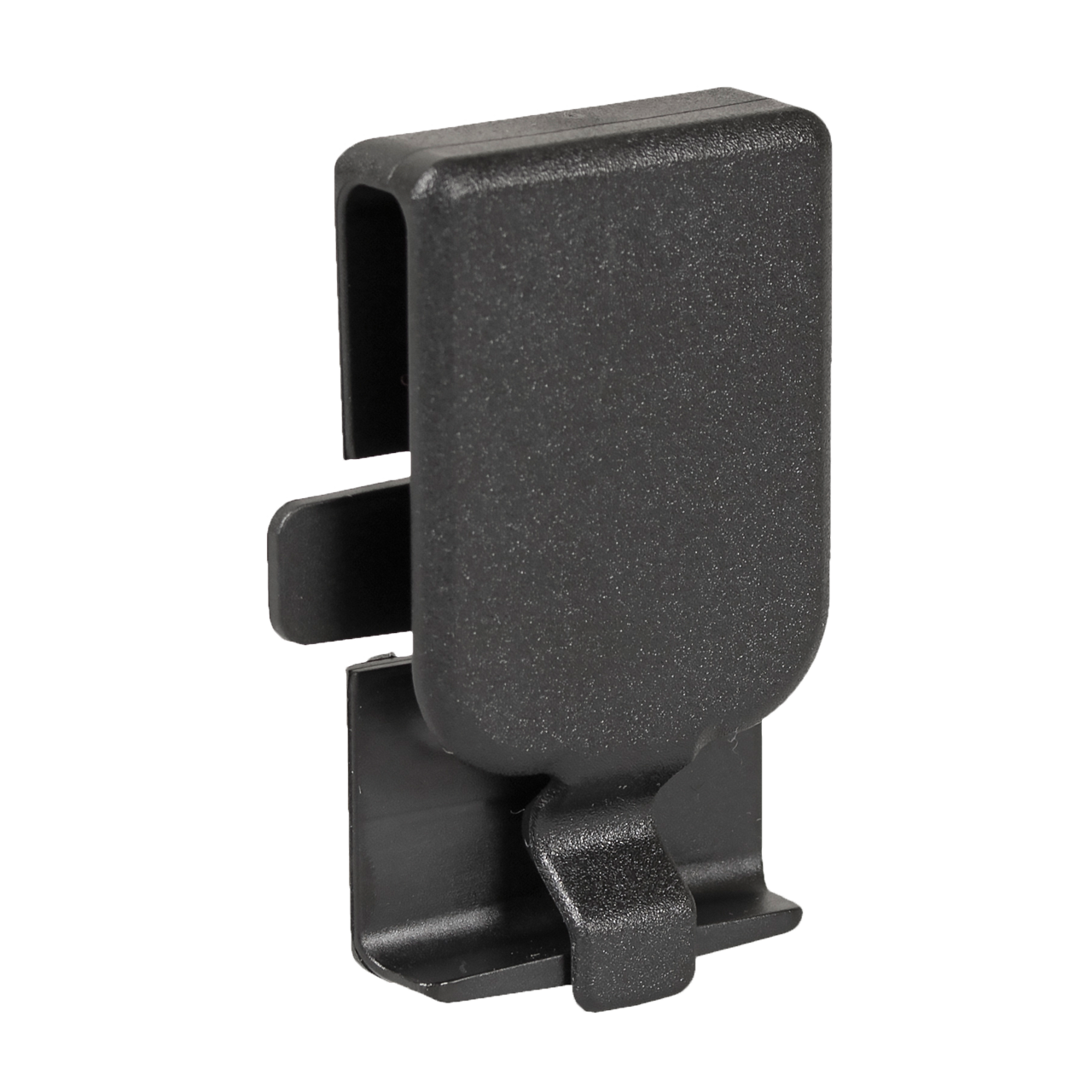 Black plastic part with rectangular shape and holder.