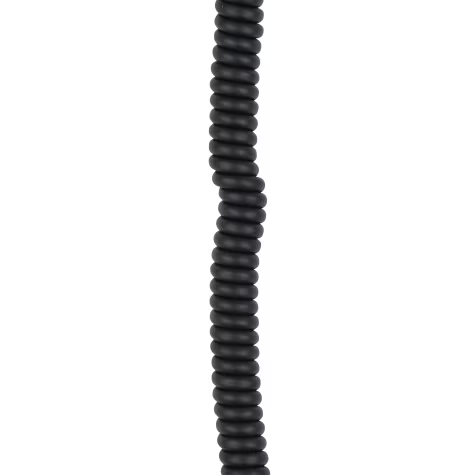 Schwarzes Spiralkabel, vertikal ausgerichtet.