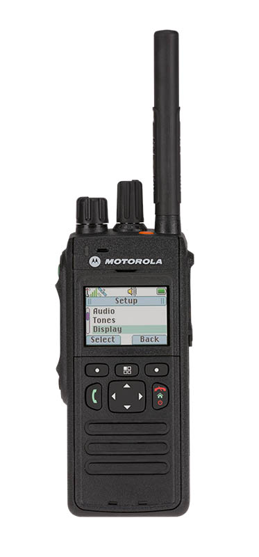 Funkgerät mit Display, Tasten und Antenne.