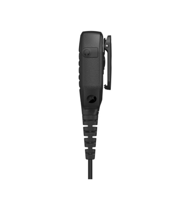 Side view of a black handheld radio with cable