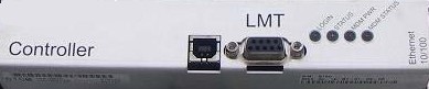 Device with Ethernet port, LMT interface, LEDs: Power, Optics Module, Alarm, Online.