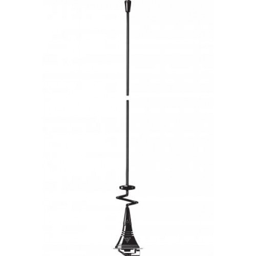 Long black car antenna with spiral middle section, top and bottom sections straight.