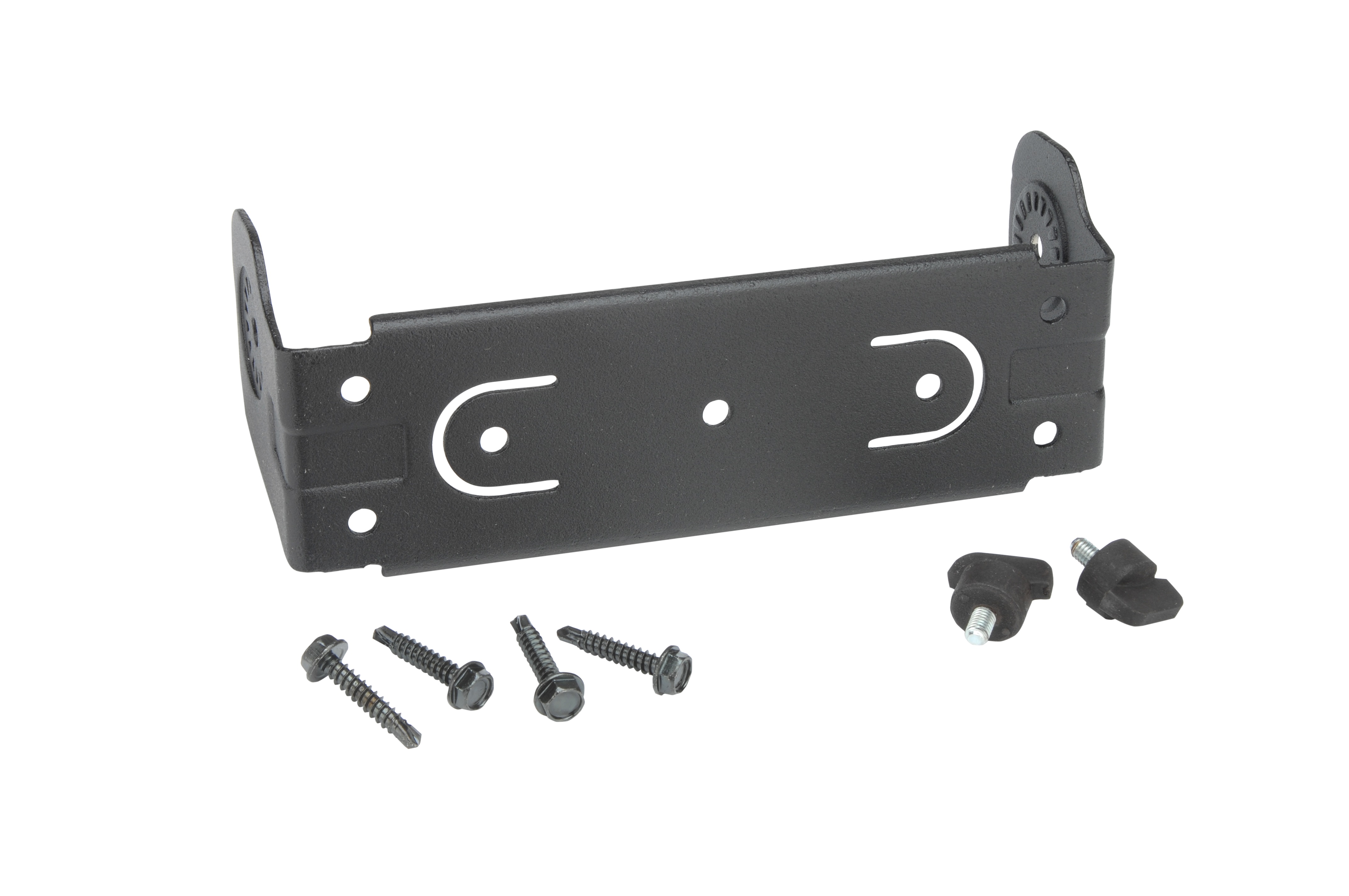 Schwarze Halterung mit fünf Schrauben und zwei Befestigungselementen.