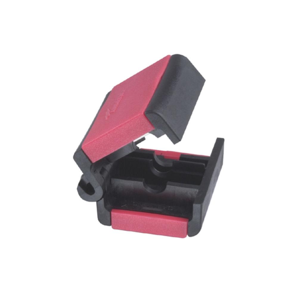 Red and black plastic cable stripper in open position.