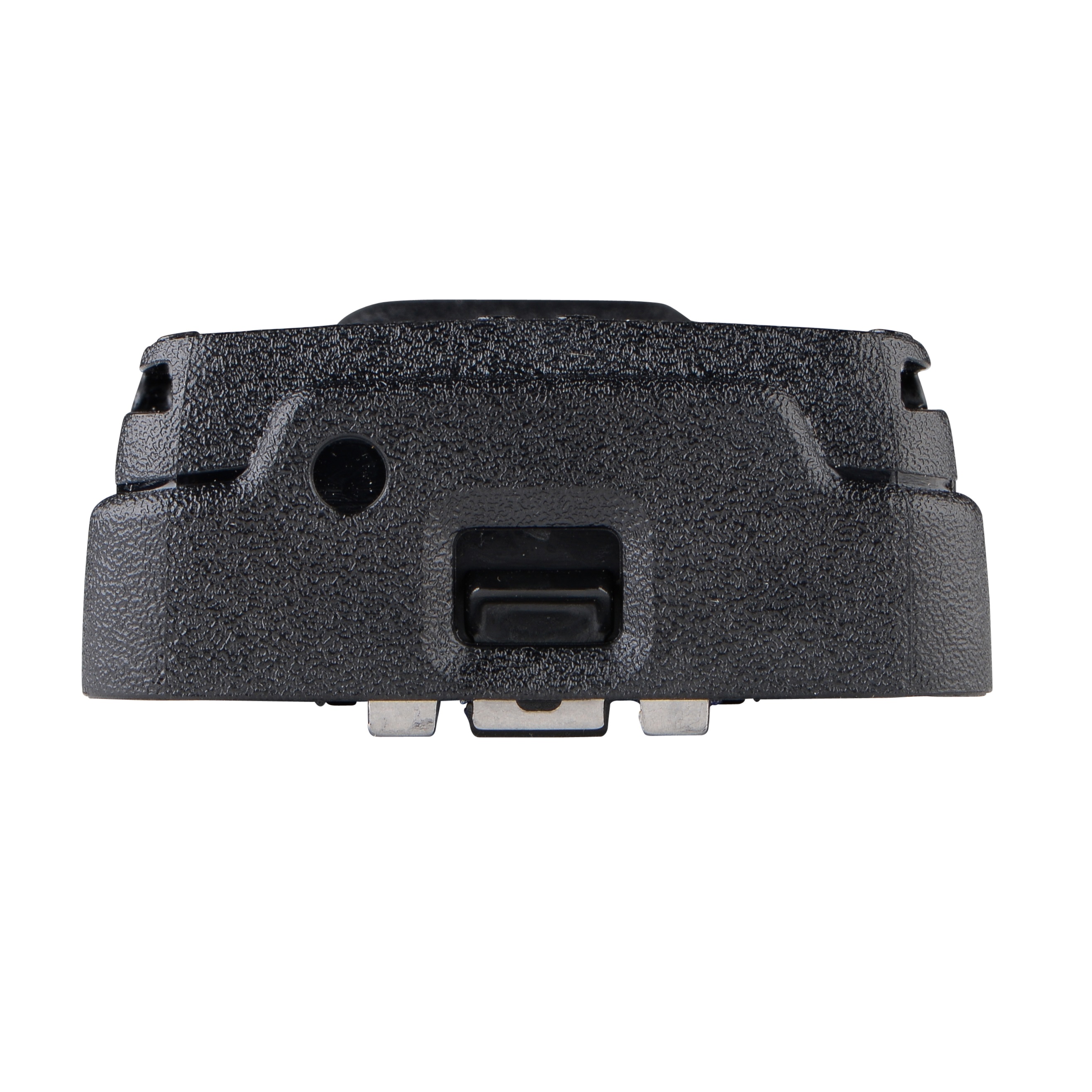 Black plastic part with button and metal connectors underneath.