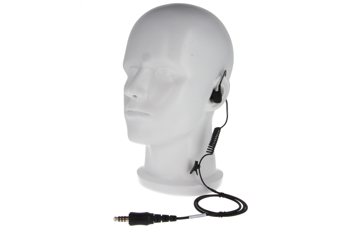 White bust wearing an earpiece and cable with jack plug.