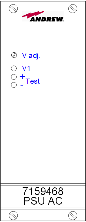 Bedienfeld mit Logos und Schriftzug, beschriftet mit 'V adj.', 'V1', '+', '-', 'Test', '7159468 PSU AC'.