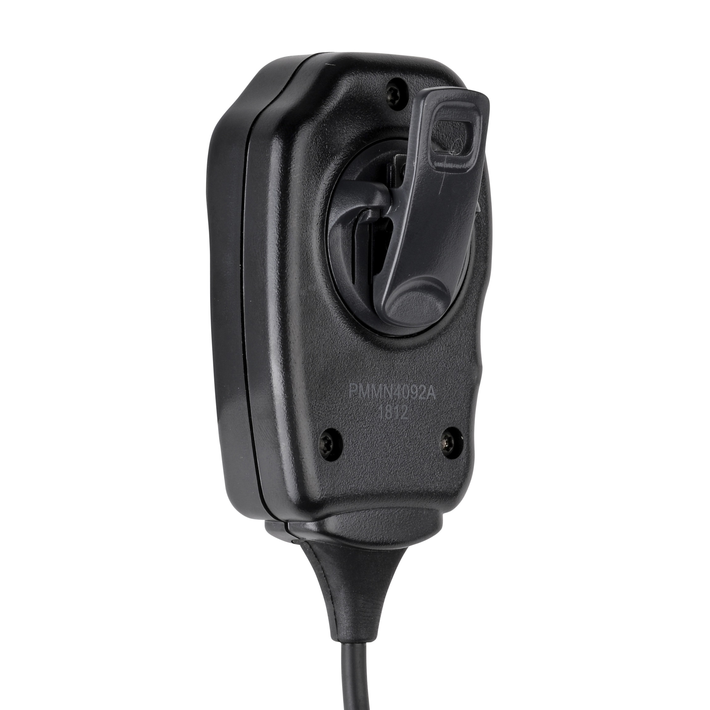 Schwarzes externes Mikrofon mit Clip und Kabel.