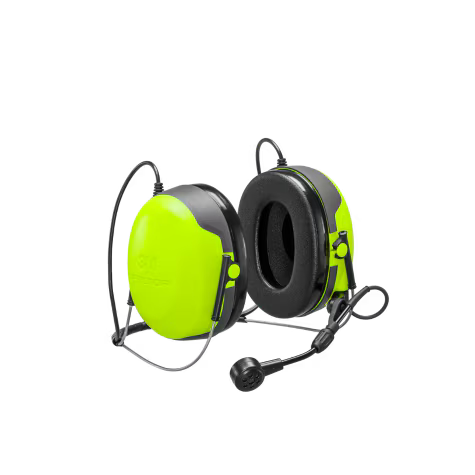 Green noise-canceling earmuffs with microphone.