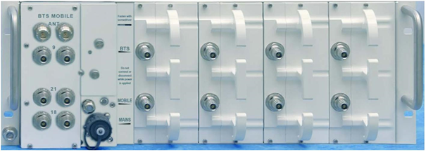 7000-00751766_com_01.png Ein modulares elektronisches Gerät mit mehreren Anschlüssen und Schaltern auf der Vorderseite.