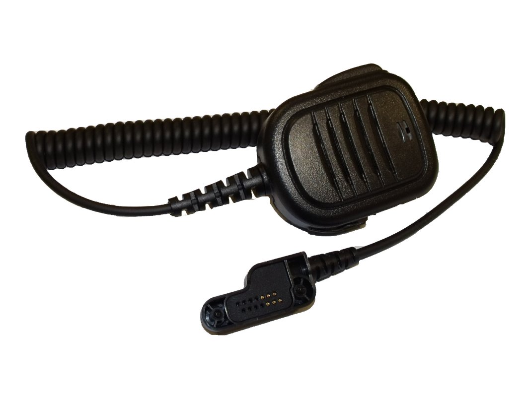 7000-00752323_cop_01.jpg Black push-to-talk microphone with coiled cable and connector.