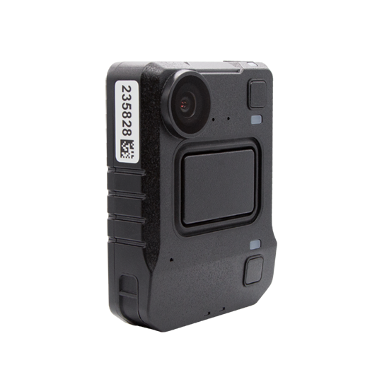 Black body camera with lens and ID number on the side.