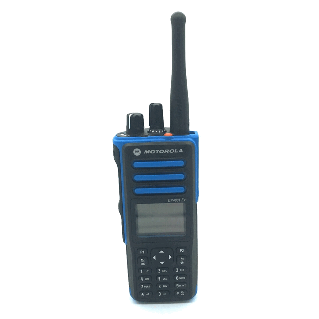 Funkgerät mit Antenne und Tastenfeld, Modell in Schwarz-Blau.