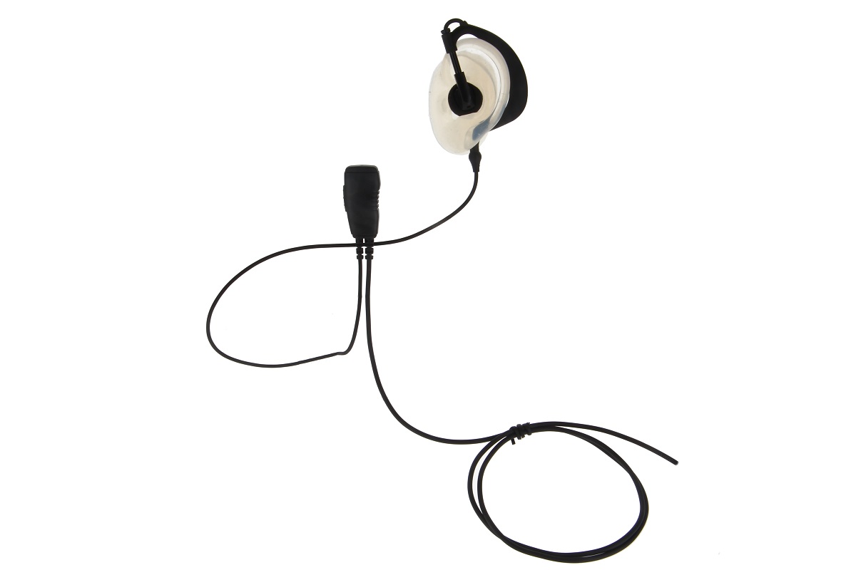 Schwarzes Ohrhörer-Kabel mit durchsichtigem Ohrstück und Mikrofon.