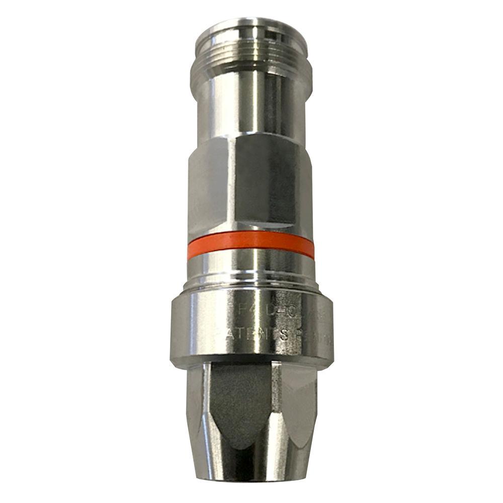 Metal plug connector with orange ring, cylindrical shape.