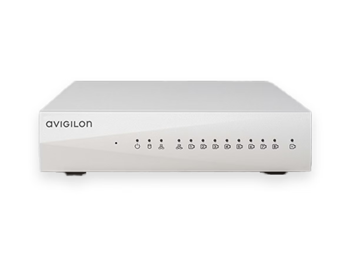 Silberner Avigilon-Recorder mit Kontrollleuchten auf schwarzem Hintergrund.