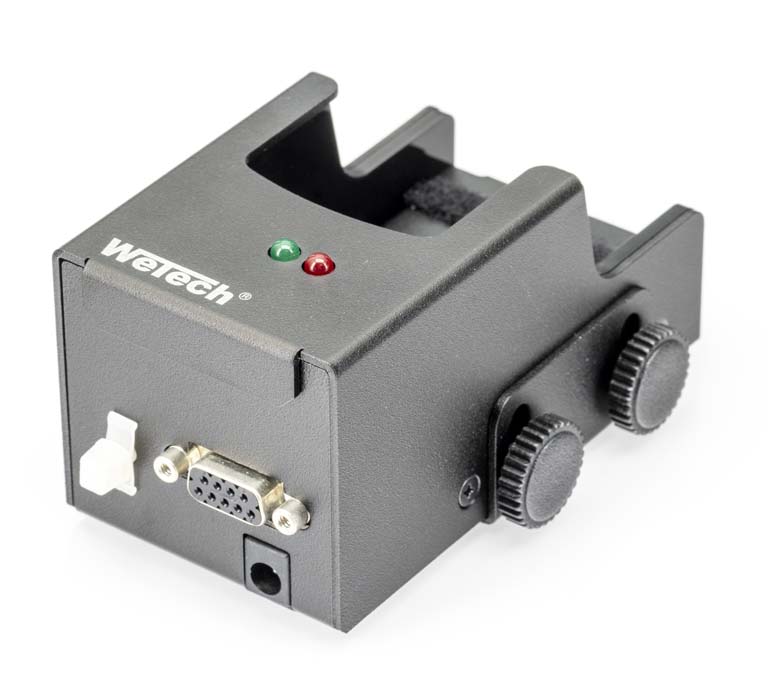 A black electronic device with red and green lights, two knurled knobs, and a VGA socket.