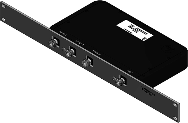 PRO 19", 1HE, Montageplatte F inkl. Schrauben für PRO-ISO-PHY-S3, Anschluss frontseitig Schwarze Rack-Einheit mit drei Koaxialanschlüssen und Etikett.