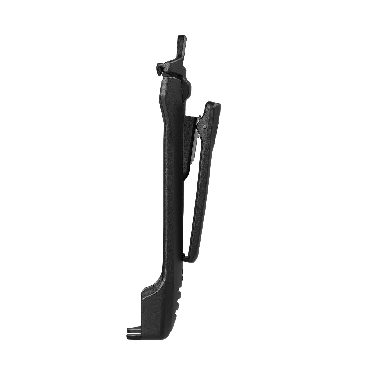 Side view of a black bicycle kickstand with foldable design.