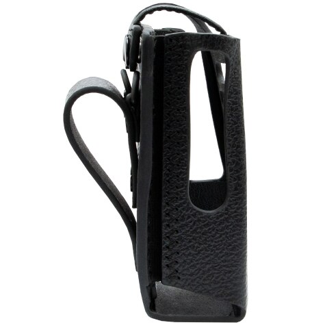 Black, narrow plastic case with side strap and opening.
