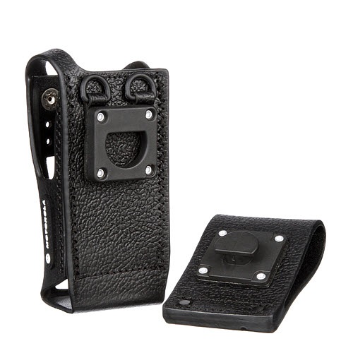 Schwarzes Lederetui mit Gürtelclip, für tragbare Geräte.