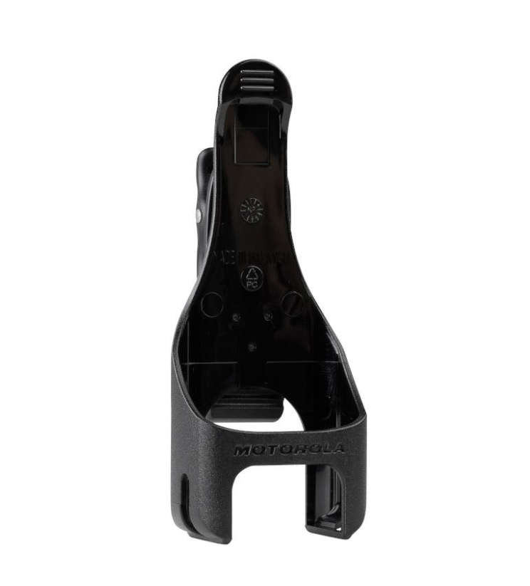 Black plastic holding clip suitable for radios or similar devices.