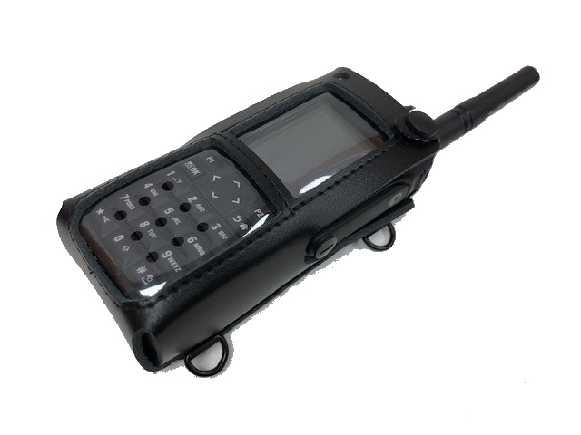 Radio device in black leather case with antenna and keypad.