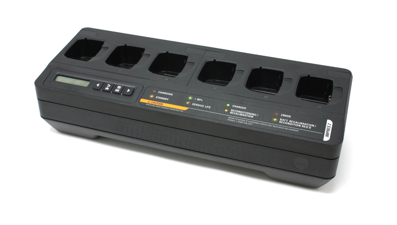 Black-gray charger with five charging slots and indicator lights.