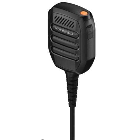 Schwarz-graues Handmikrofon mit Kabel, roter Knopf oben.