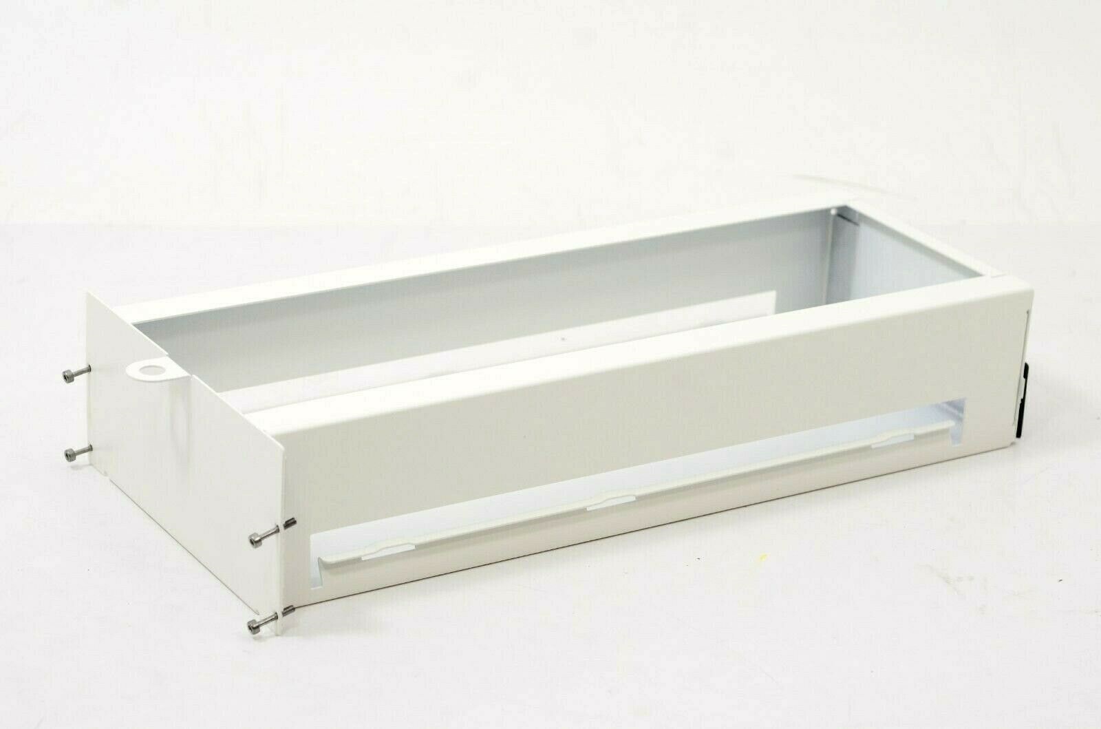 Rectangular white metal box with open side and screw holes.