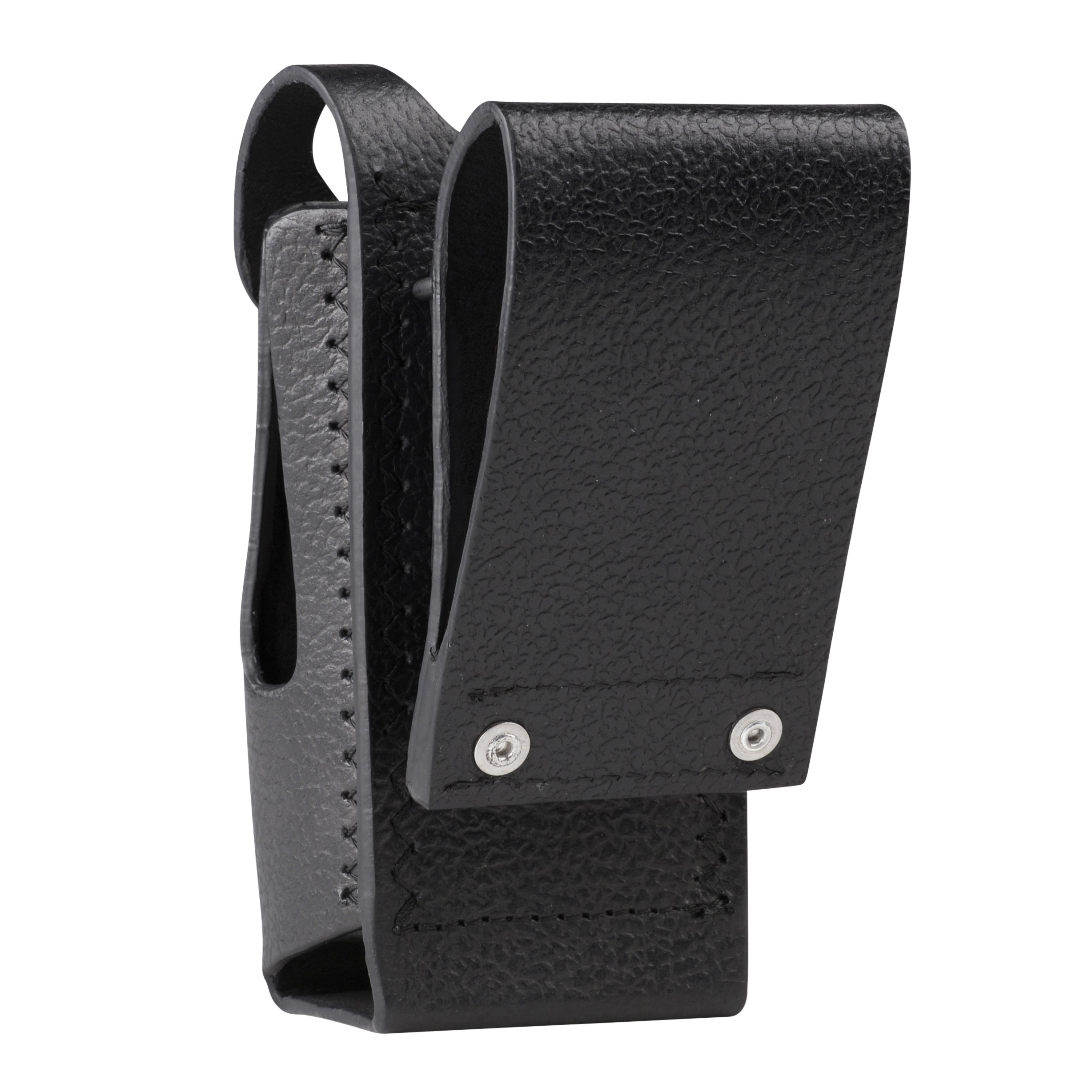 Black leather belt pouch with loop and snap closure.