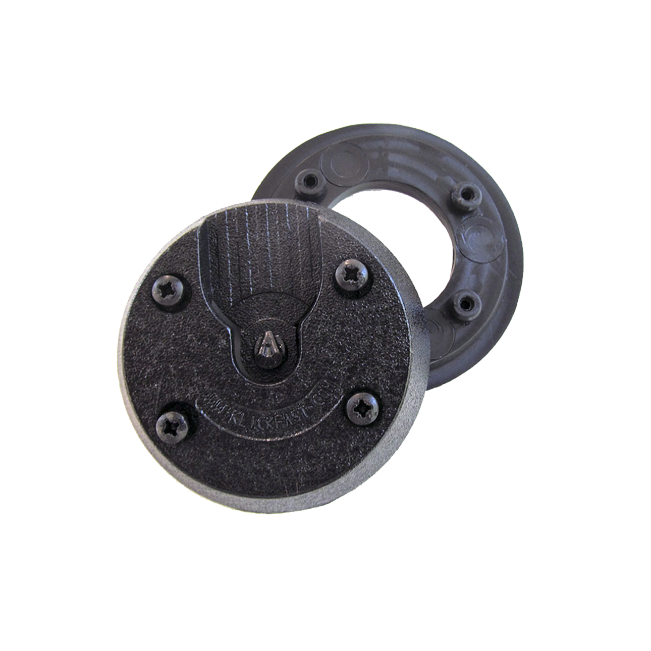 Two black magnetic mounting rings with screws, arranged overlapping.