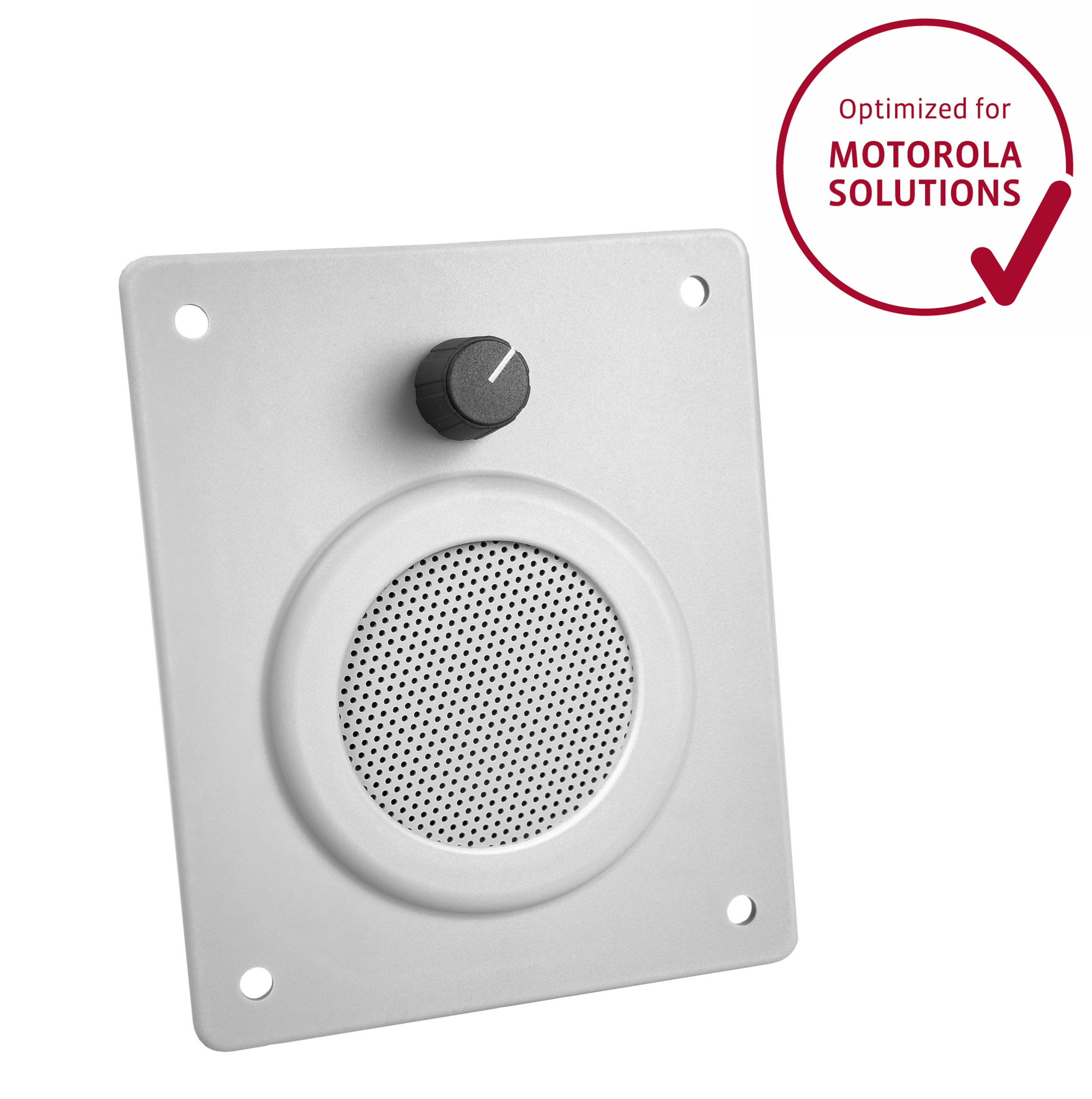 Graue Lautsprecherplatte mit Drehregler und Sieböffnung.