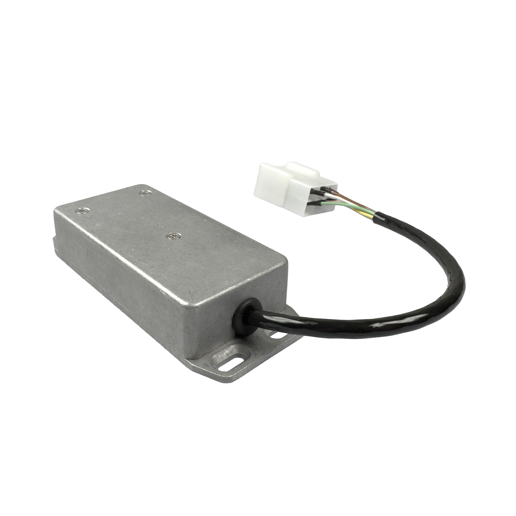 Rechteckiges Metallgehäuse mit Kabel und Stecker.