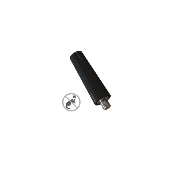 Black metal rod with screw thread, warning symbol next to it.